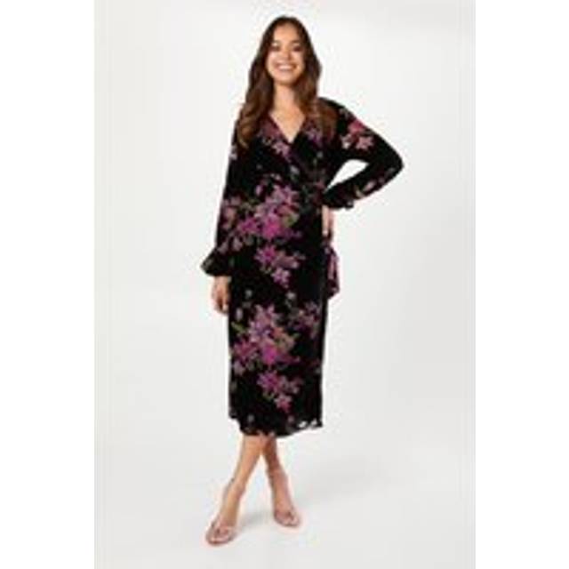 Velvet Devore Blouson Sleeve Wrap Dress - Black - 8