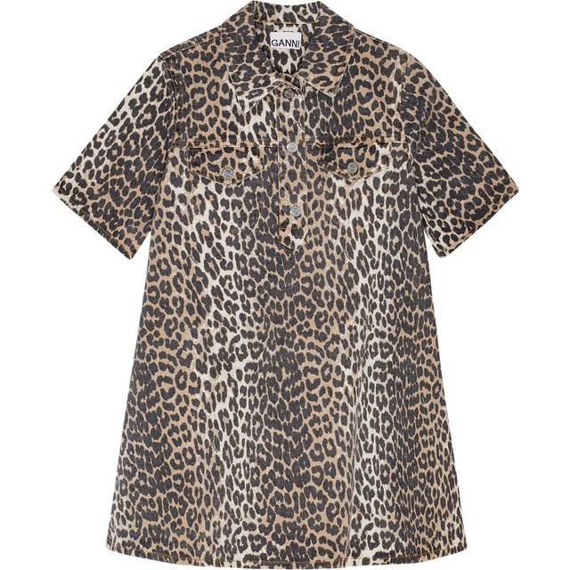 Ganni Leopard-Print Denim Mini Dress - 36 - Multi