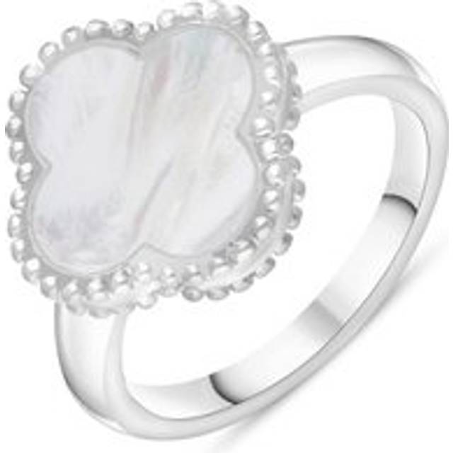 Sterling Silver White Mother of Pearl Bloom Four Leaf Clover Ball Edge Ring - O