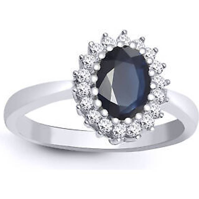 (M) Jewelco London 9ct White Gold H I2 0.23ct Diamond and Oval Blue 1.1ct Sapphire Classic Royal Cluster Ring 11mm - Silver