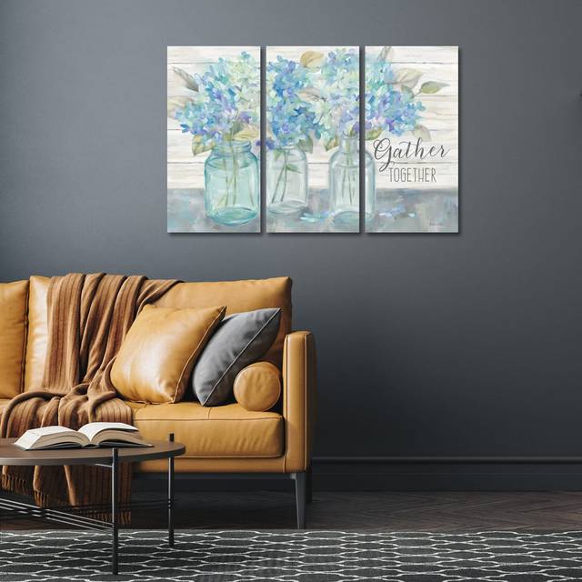 Farmhouse Hydrangeas In Mason Jars -Gather by Cynthia Coulter - No Frame Gallery-Wrapped Canvas GiclÃ©e on Canvas - White;Silver;Jordy Blue;Turquoise;Viking (101.6cm H x 152.4cm W x 1.91cm D)