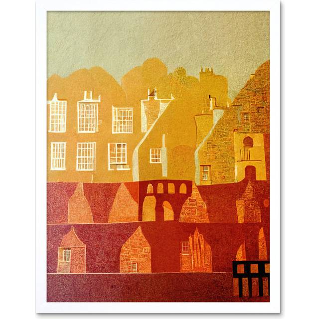 Vintage Folk Art Midcentury Cityscape Abstract - Art Prints - White Framed Unframed (25.9cm H x 20.6cm W x 1.5cm D)