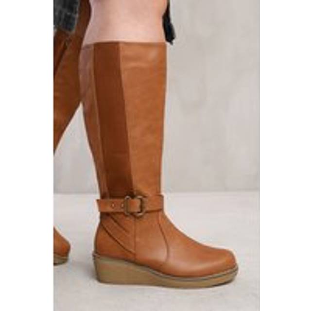 Where's That From Wheres Womens 'Ayleen' Wide Calf Wedge Heel Knee High Boots With Elastic Panel - Tan - Size 4 Wide Fit (UK Shoe)