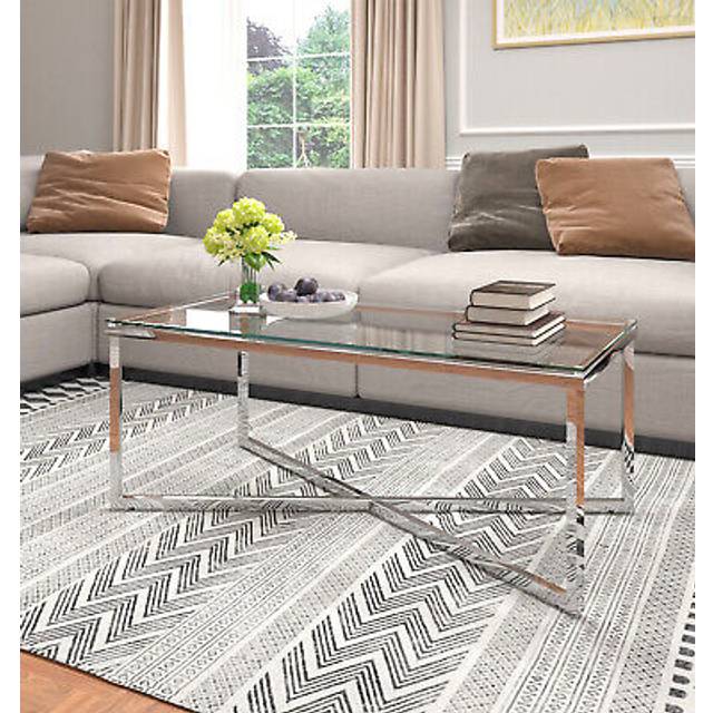 Hallowood Furniture Finely Large Coffee Table with Glass Top, Rectangular Centre Table, Modern Coffee Table, Elegant Glass Coffee Table, Occasional