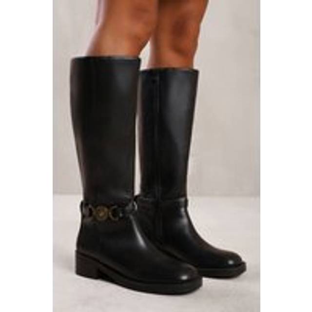 Womens 'Osana' Below Knee Boot With Gold Buckle Detail - Black - 4