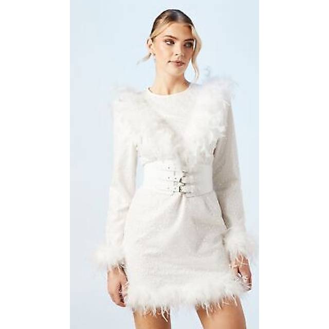 Premium Feather Belted Bridal Mini Dress - Ivory - 8