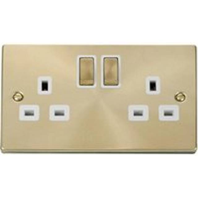 Satin / Brushed Brass 2 Gang 13A DP Ingot Twin Double Switched Plug Socket - White Trim - SE Home