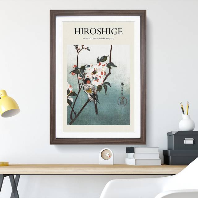 A Bird upon a Cherry Branch by Utagawa Hiroshige - Picture Frame Painting - Walnut Framed (48cm H x 36cm W x 2cm D)