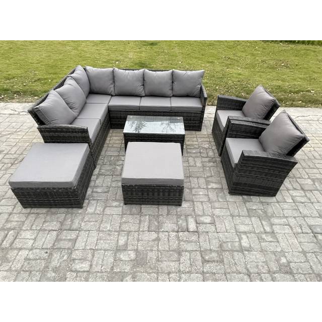 Fimous 10 Seater Rattan Lounge Corner Sofa Set Wicker PE Outdoor Garden Furniture Set with Coffee Table 2 Big Footstool 2 Armchair Dark Grey Mixed