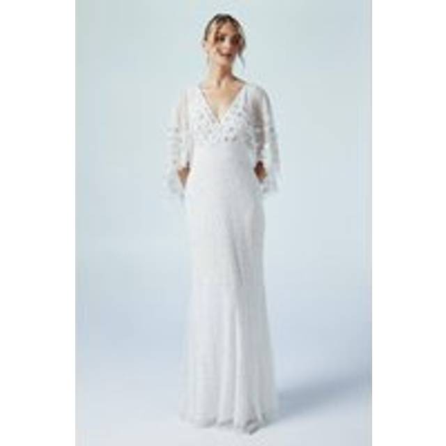 Floral Embellished Cape Bridal Maxi Dress - Ivory - 10