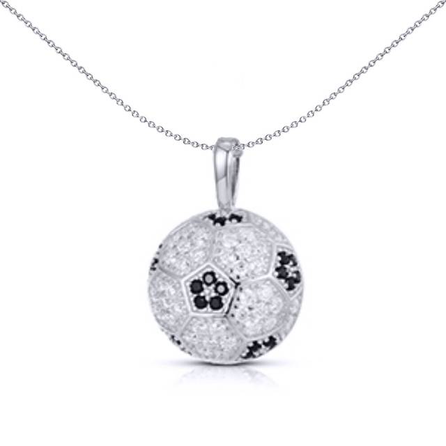 Jewelco London Men's Rhodium Silver Black Round Brilliant CZ Encrusted 3D Football Soccer Ball Charm Pendant - APD189