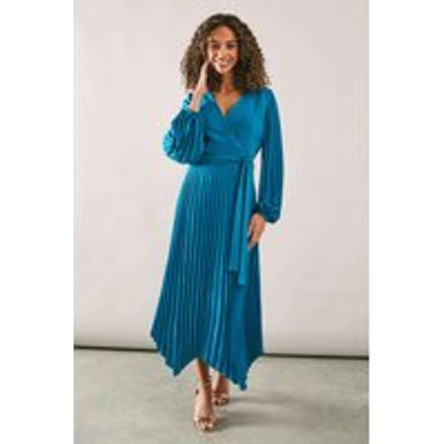 Womens Occasion Pleated Wrap Midi Dress - Teal - 8