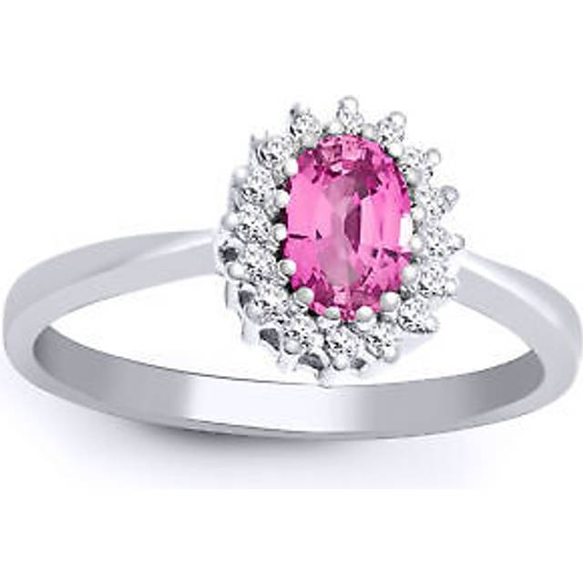 (V) Jewelco London 9ct White Gold H I2 0.12ct Diamond and Oval Pink 0.68ct Sapphire Classic Royal Cluster Ring 9mm - Silver
