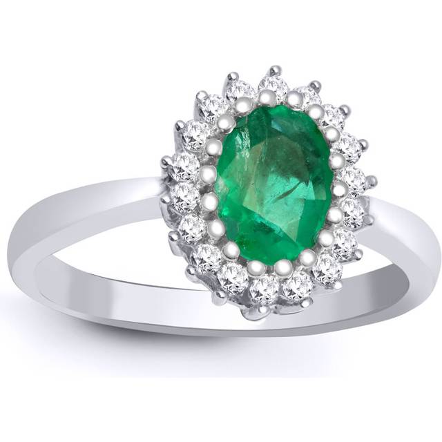 (M) Jewelco London 9ct White Gold H I2 0.23ct Diamond and Oval Green 0.78ct Emerald Classic Royal Cluster Ring 11mm
