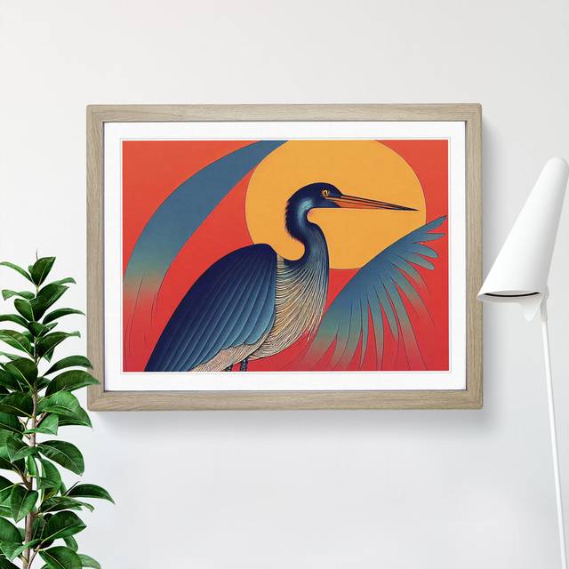 Artistic Heron Bird - Oak Framed (34cm H x 46cm W x 2cm D)