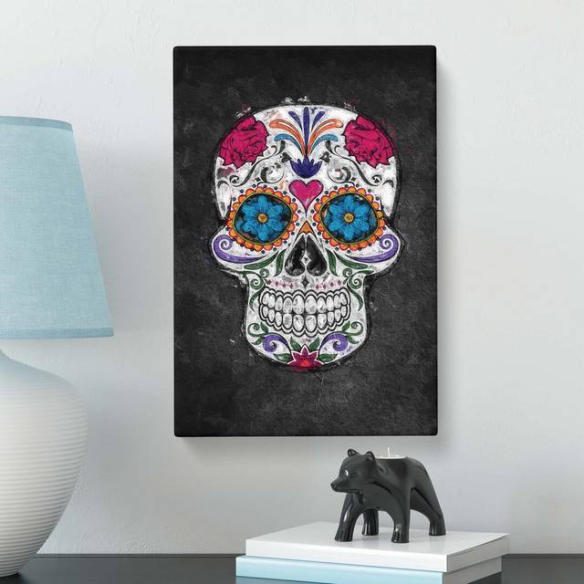 'Floral Sugar Skull' Painting Print on Canvas - Black;Grey;Olive (76 cm H x 50 cm W)