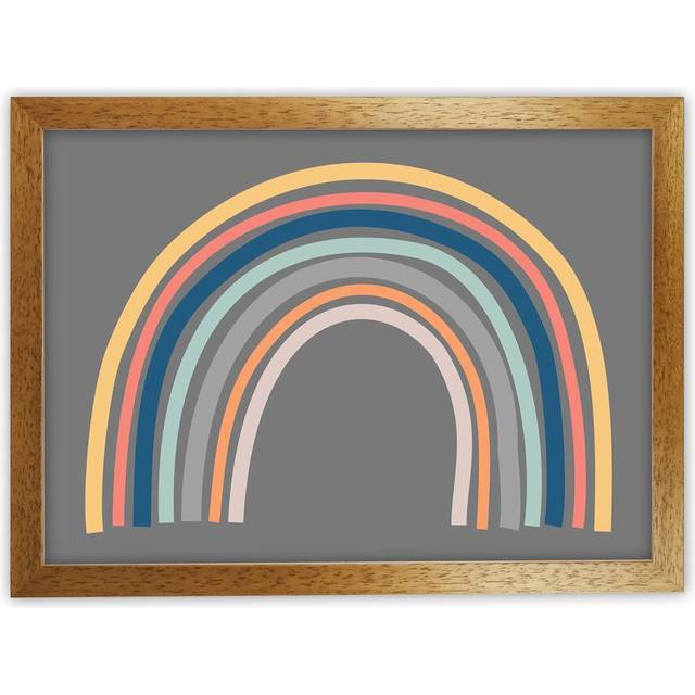 Rainbow on Grey Original - Graphic Art Print on Paper - Oak Frame (42cm H x 59cm W x 3cm D)