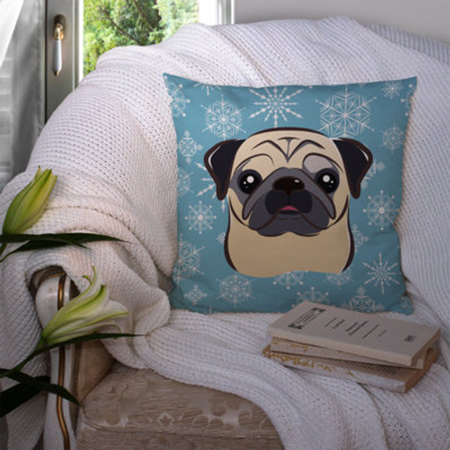 Caroline's Treasures BB1696PW1414 Snowflake Fawn Pug Fabric Decorative Pillow  Large  Multicolor