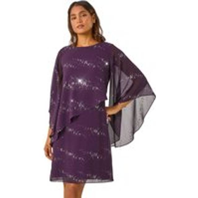 Roman Purple Sequin Embellished Asymmetric Overlay Dress - Size 16