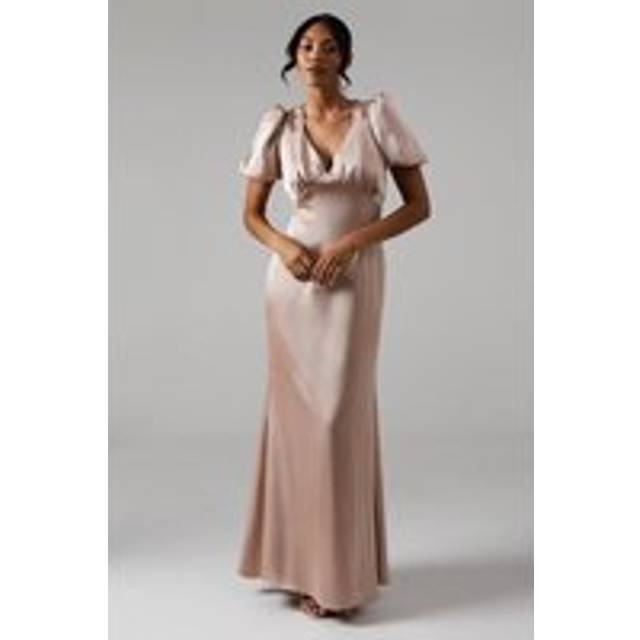 Sweetheart Neckline Puff Sleeve Satin Bridesmaid Maxi Dress - Mocha - 16