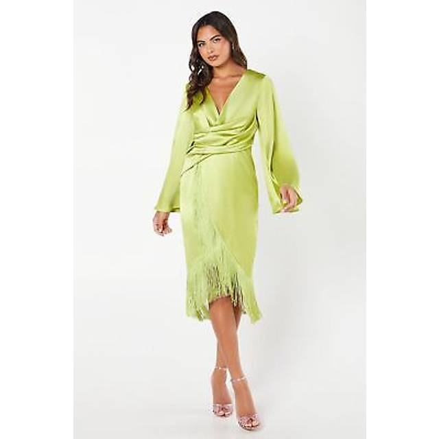 Satin Fringe Hem Wrap Waist Midi Dress - Chartreuse - 8