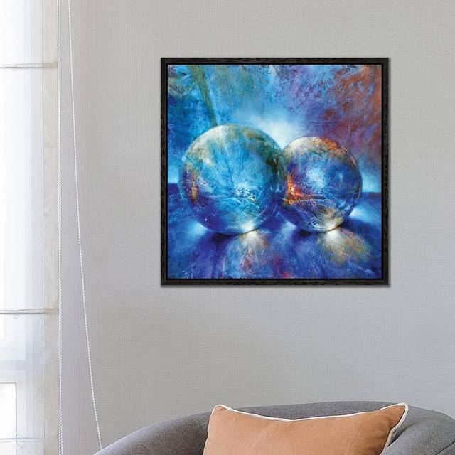 Two Blue Marbles by Annette Schmucker - Graphic Art on Canvas - Black Framed (66.04 cm H x 66.04 cm W)