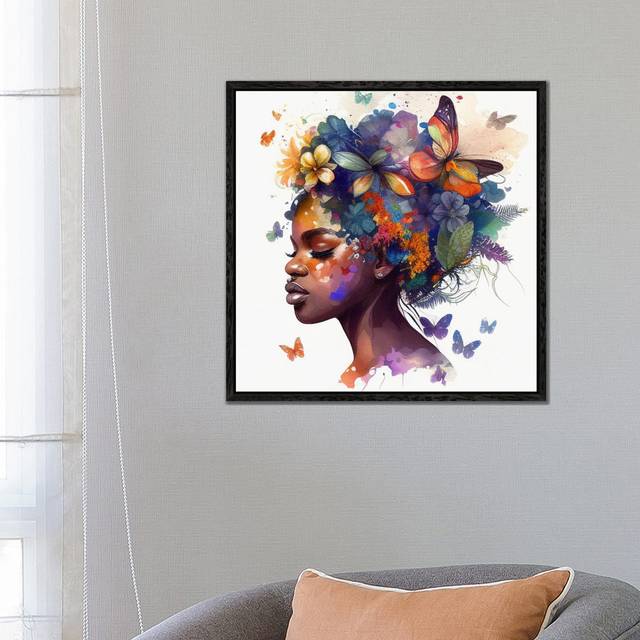 Watercolor Butterfly African Woman VII by Chromatic Fusion Studio - Gallery-Wrapped Canvas Giclée on Canvas - Black Floater Framed (66.04 cm H x 66.04 cm W x 4.445 cm D)