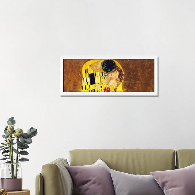 &#39;The Kiss&#39; by Gustav Klimt- Floater Frame Panoramic Painting Print on Canvas - White (41cm H x 122cm W x 4cm D)