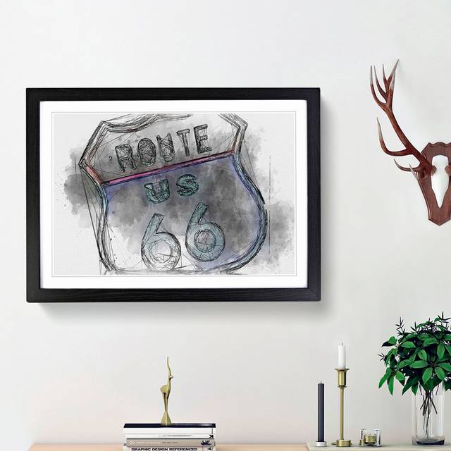 Neon Route 66 Sign in Abstract - Picture Frame Graphic Art Print - Black Framed (48cm H x 65cm W x 2cm D)