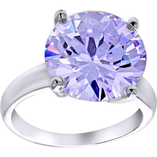 (O) Jewelco London Women&#39;s Sterling Silver Lilac Round Brilliant Cubic Zirconia 4 Claw Solitaire Cocktail Ring, 12mm - 8-84-6721