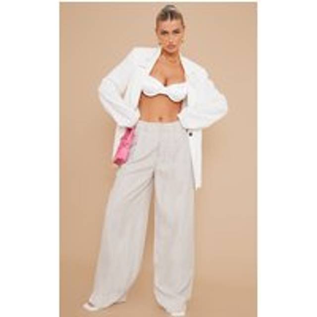 Stone Woven Linen Feel Tailored High Waist Wide Leg Trousers, White - 10