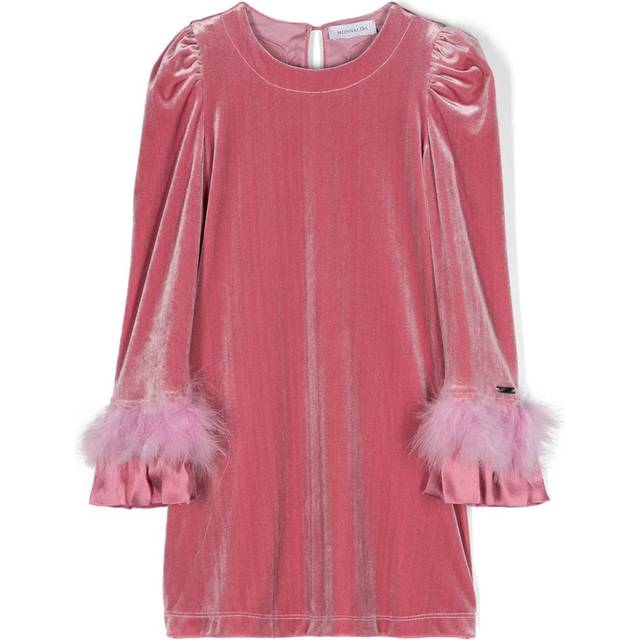 Monnalisa - velvet-effect feather-detail dress - kids - Polyester/Viscose/Elastane/Cotton - 12 - Pink