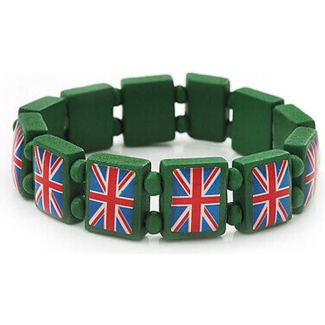 Uk british flag union jack green stretch wooden bracelet - up to 20cm length