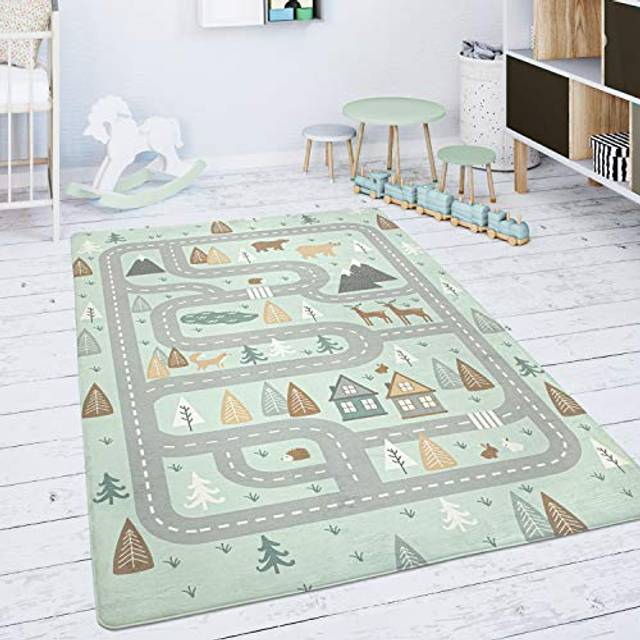 Paco Home Barnmatta Matta Barnrum Lekmatta Babymatta Väg Björn Älg Träd Grön Grå, Storlek:120x160 cm