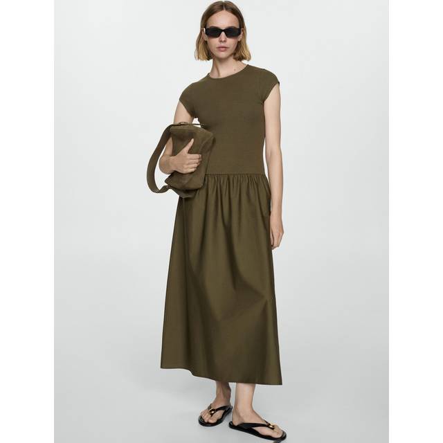 Flared dress in combined fabric khaki - Woman - 12 - MANGO - Khaki