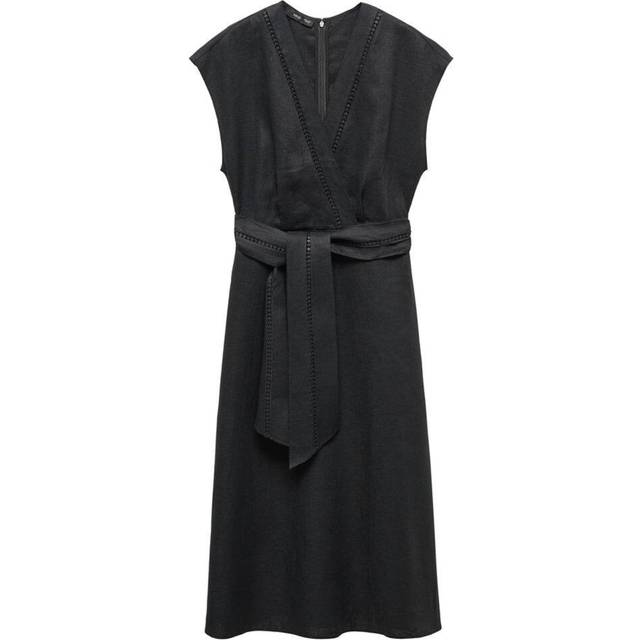 Mango Pure Linen Bow Tie Midi Dress Black - Mango - Size: 8