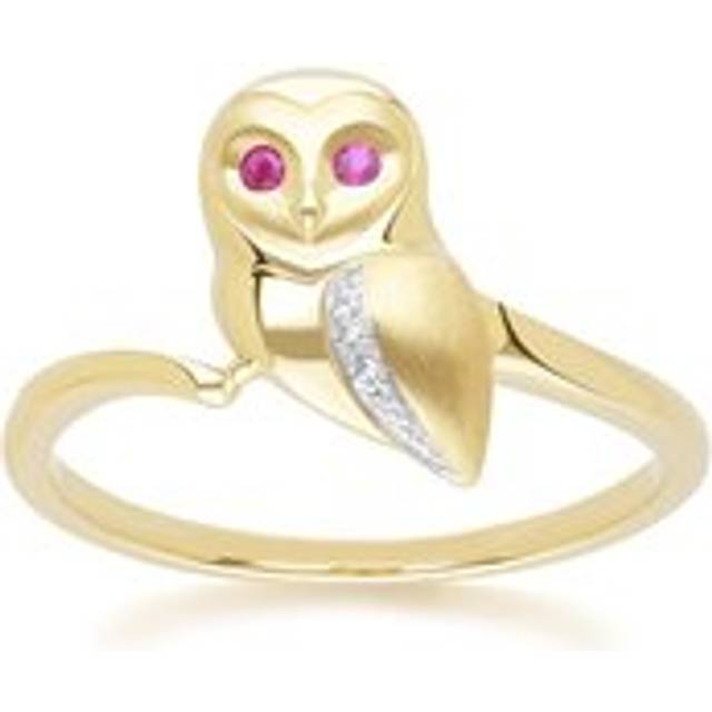 Gardenia Ruby and White Sapphire Owl Ring in 9ct Yellow Gold