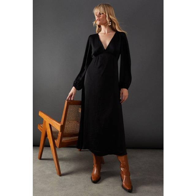 Warehouse womens midi dress black satin plunge neck long sleeve