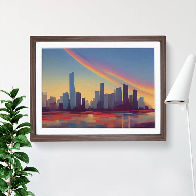 Adventurous City Skyline Architecture - Picture Frame Painting - Walnut Framed (25cm H x 34cm W x 2cm D)