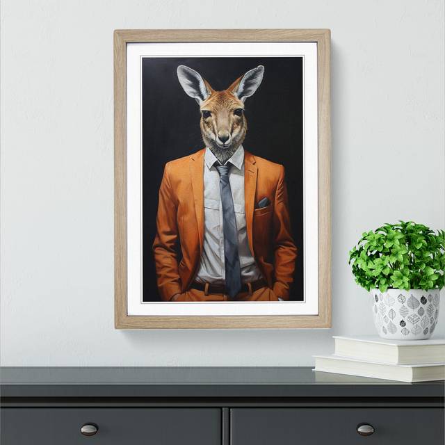 Kangaroo in a Suit Painting No.2 - Oak Framed (34cm H x 25cm W x 2cm D)