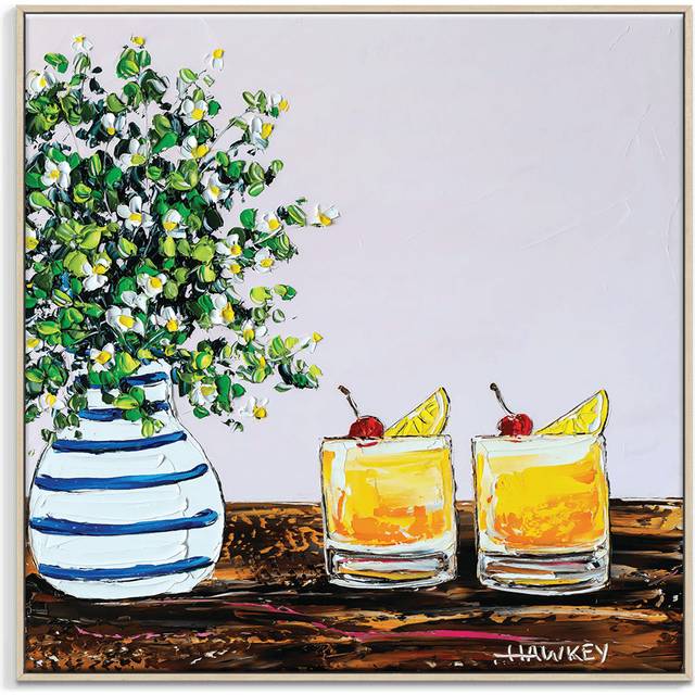 Amaretto Sour And Daisies by Rosalind Wheeler - Painting on Canvas - Brown Framed Canvas (61cm H x 61cm W x 5cm D)