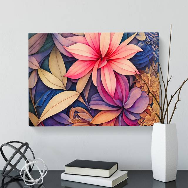 Daring Watercolour Flowers - Wrapped Canvas Graphic Art - Blue;Pink;Purple (40cm H x 60cm W x 3cm D)