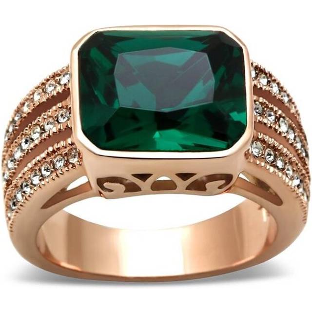 IP Rose Gold Ion Plating Brass Ring with Synthetic Glass, Blue Zircon - Size 5