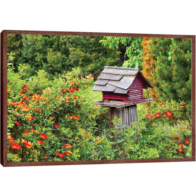 USA, Washington State, Palouse, Colfax. Red Birdhouse Sitting On A Fence. - Classic Wood Floater Framed (101.6cm H x 152.4cm W x 3.81cm D)