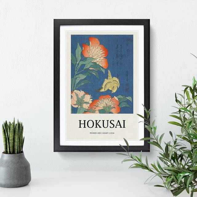 Canary and Peony by Katsushika Hokusai - Picture Frame Art Prints - Black (48cm H x 36cm W x 2cm D)