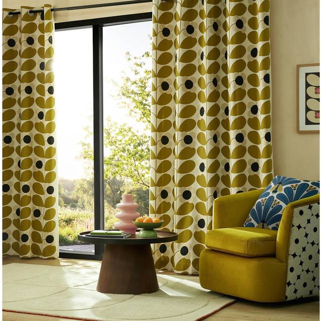 Orla Kiely Antique Gold Stem Bloom Pair of Lined Eyelet Curtains - Black