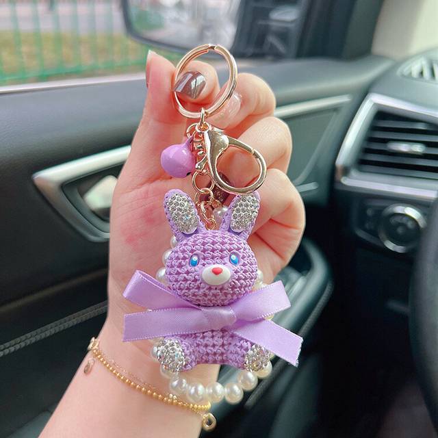 (Violet) Diamond Resin Cute Rabbit Keychain With Pearl Chain Cartoon Doll Bag Pendants
