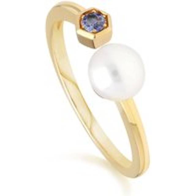 (L) Modern Pearl & Tanzanite Open Ring in 9ct Yellow Gold