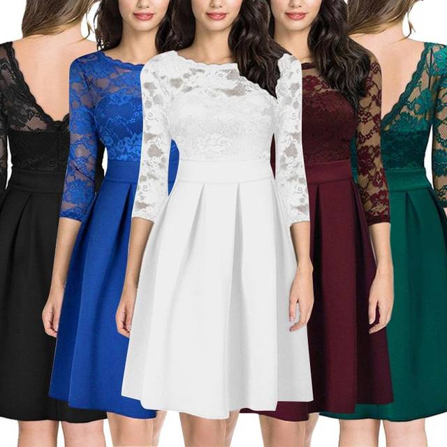 New Summer Women Sheer Lace Panel Dress O-neck 3/4 Sleeve Zipper Ruffle Hem Elegant Solid Evening 3XL white