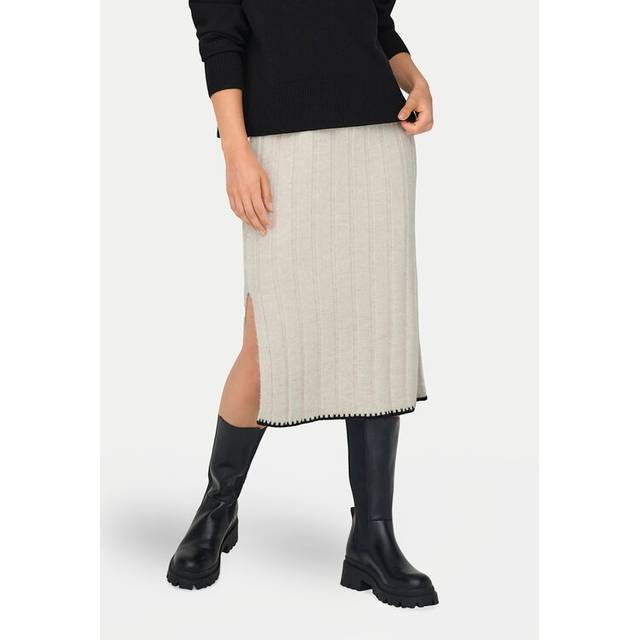 ONLY – Beige, stickad midikjol med kontrastkanter-Naturlig